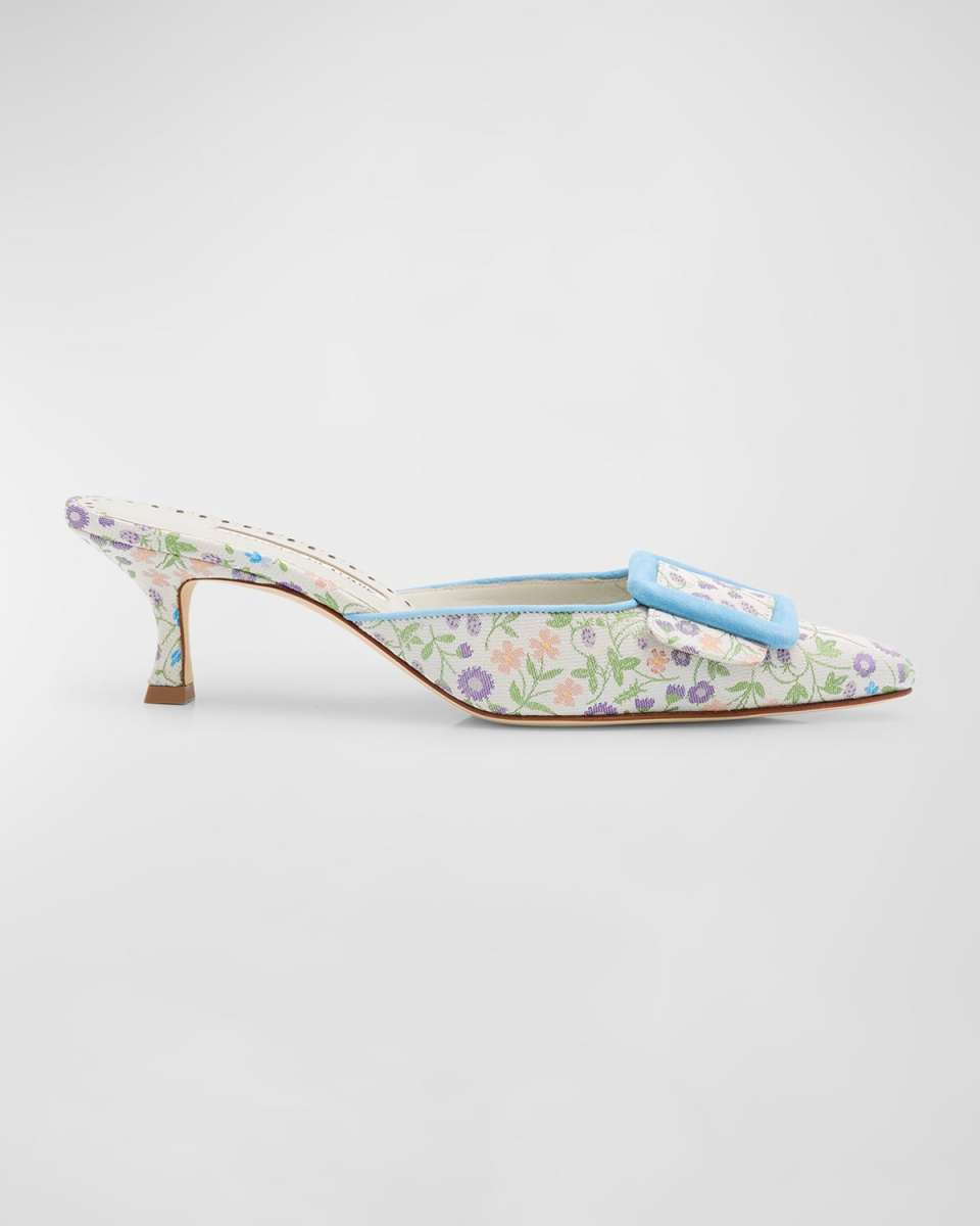 Maysale Floral Silk Buckle Mules
